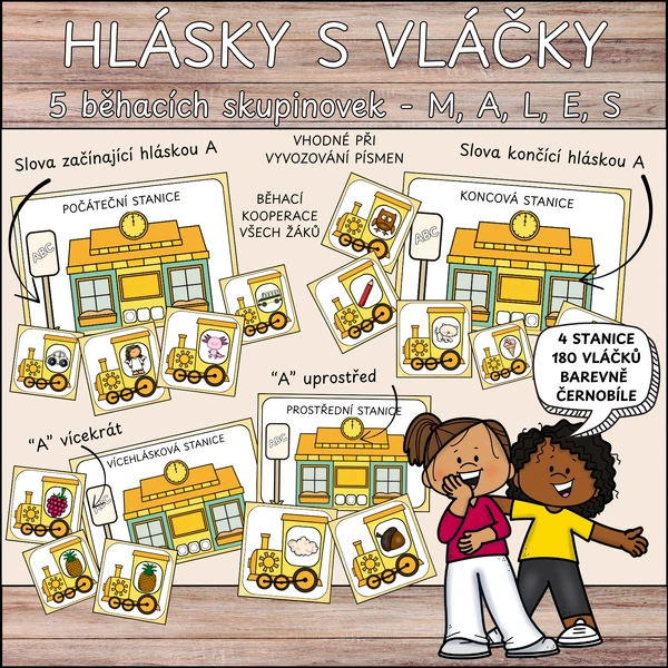 Hlásky s vláčky - běhací kooperace žáků, písmena M, A, L, E, S