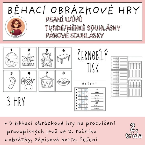 Běhací obrázkové hry - psaní u/ú/ů, tvrdé/měkké souhl., párové souhlásky