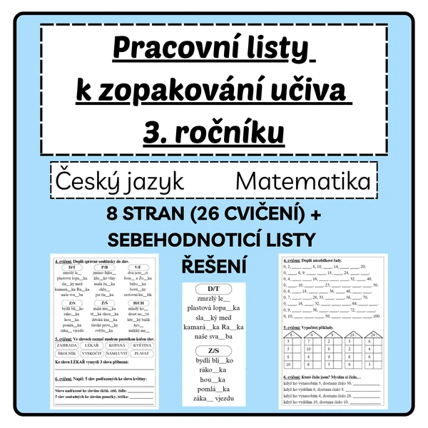 Pracovní listy - opakování učiva 3. ročníku z ČJ a M