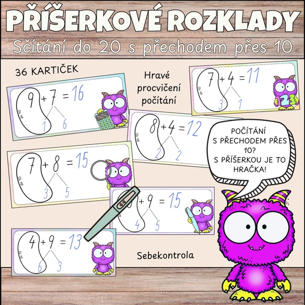 Příšerkové rozklady - sčítání do 20 s přechodem přes desítku pomocí rozkladu
