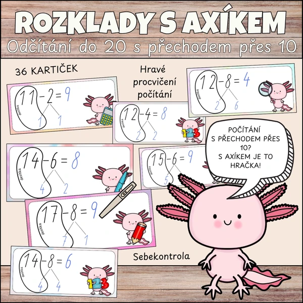 Rozklady s Axíkem - odčítání do 20 s přechodem přes desítku pomocí rozkladu