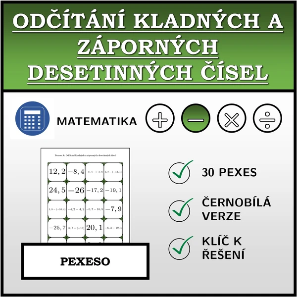 Pexeso - Odčítání kladných a záporných desetinných čísel | matematika