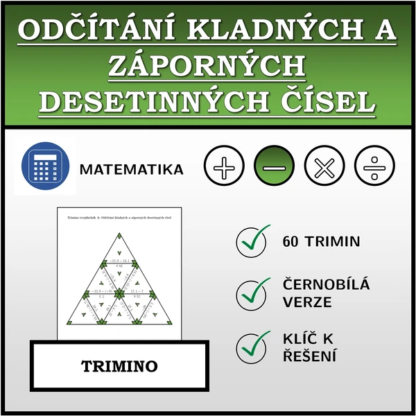 Trimino - Odčítání kladných a záporných desetinných čísel | matematika