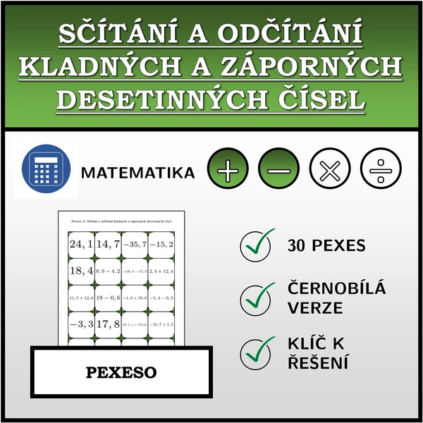 Pexeso - Sčítání a odčítání kladných a záporných desetinných čísel | matematika