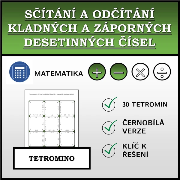 Tetromino - Sčítání a odčítání kladných a záporných desetinných čísel | matematika