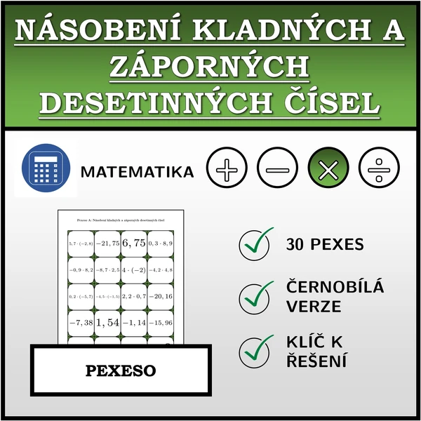 Pexeso - Násobení kladných a záporných desetinných čísel | matematika