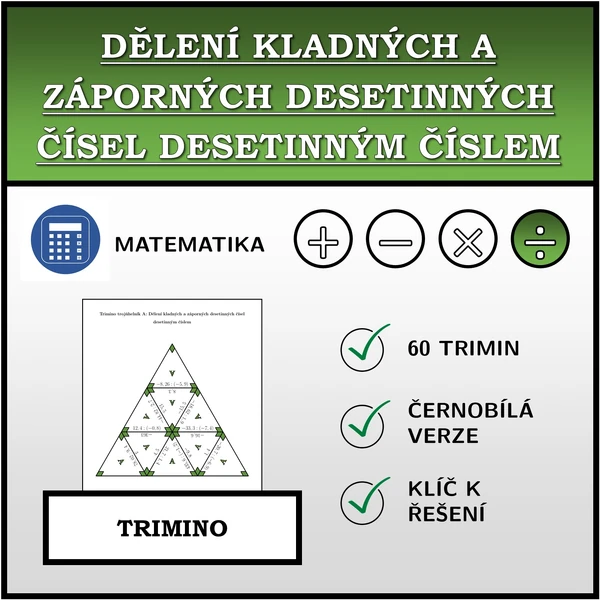Trimino - Dělení kladných a záporných desetinných čísel desetinným číslem | matematika