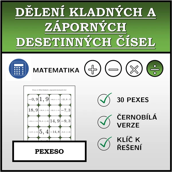 Pexeso - Dělení kladných a záporných desetinných čísel | matematika