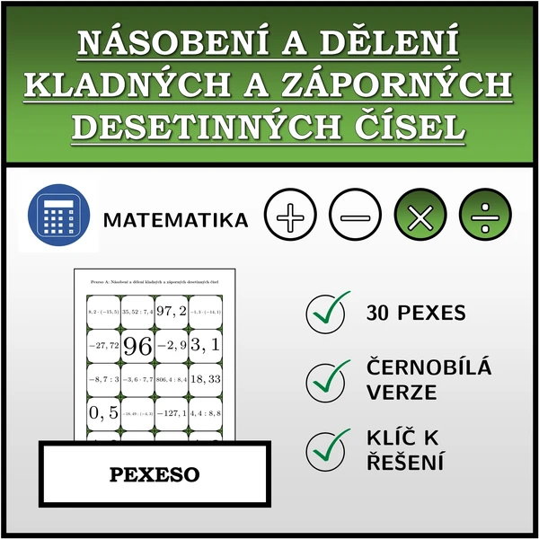 Pexeso - Násobení a dělení kladných a záporných desetinných čísel | matematika