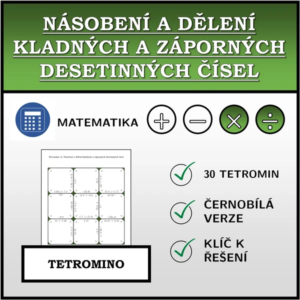 Tetromino - Násobení a dělení kladných a záporných desetinných čísel | matematika