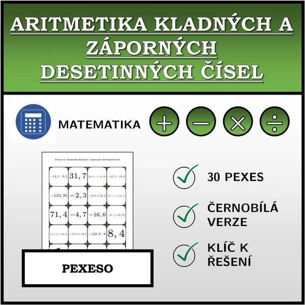 Pexeso - Aritmetika kladných a záporných desetinných čísel | matematika