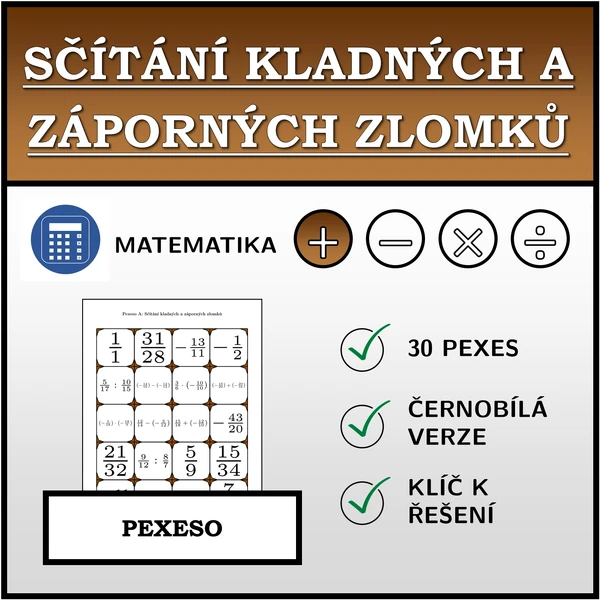 Pexeso - Sčítání kladných a záporných zlomků | matematika