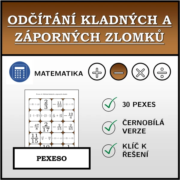 Pexeso - Odčítání kladných a záporných zlomků | matematika
