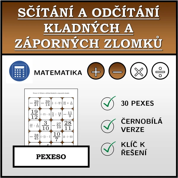 Pexeso - Sčítání a odčítání kladných a záporných zlomků | matematika