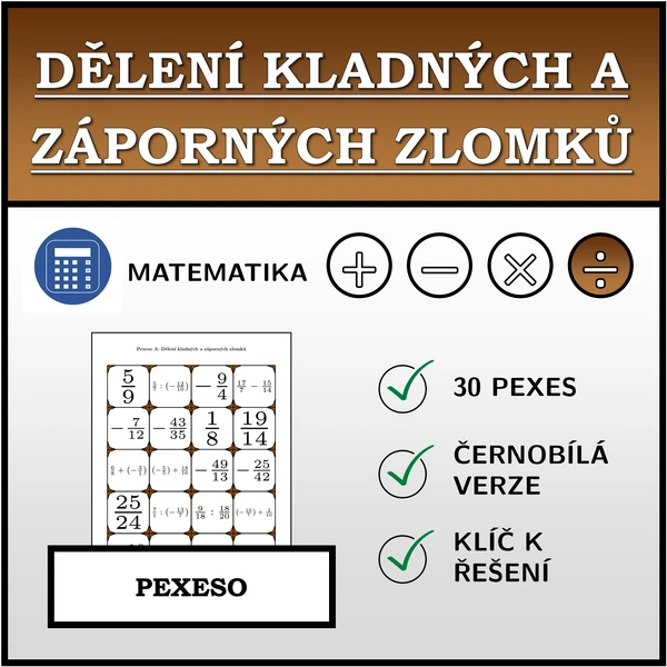 Pexeso - Dělení kladných a záporných zlomků | matematika