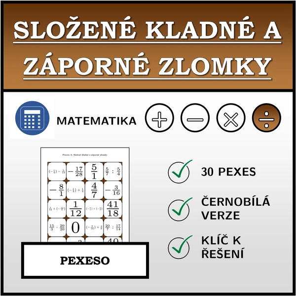 Pexeso - Složené kladné a záporné zlomky | matematika