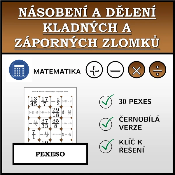 Pexeso - Násobení a dělení kladných a záporných zlomků | matematika