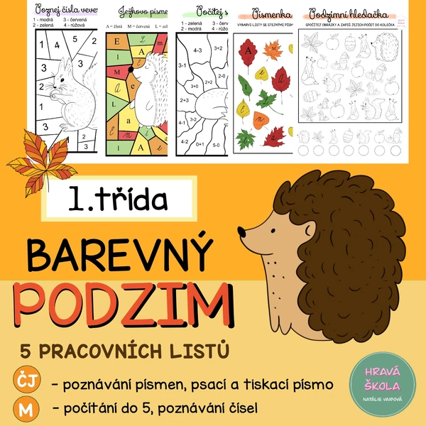 PODZIM- VYBARVOVAČKY ČJ + M - 1. TŘÍDA - 5 pracovních listů + řešení