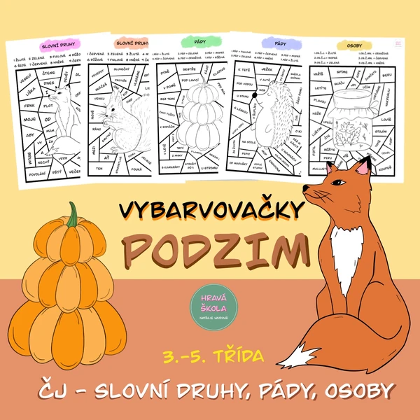 PODZIM - VYBARVOVAČKY - ČJ - 3.-5. TŘÍDA - SLOVNÍ DRUHY, PÁDY a OSOBY + řešení