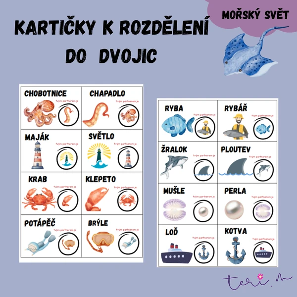 KARTIČKY ROZDĚLENÍ DO DVOJIC - téma PODMOŘSKÝ SVĚT