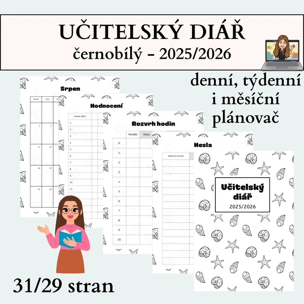 učitelský diář (zápisník) - černobílý 25/26
