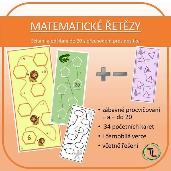 Matematické řetězy - sčítání a odčítání do 20 s přechodem