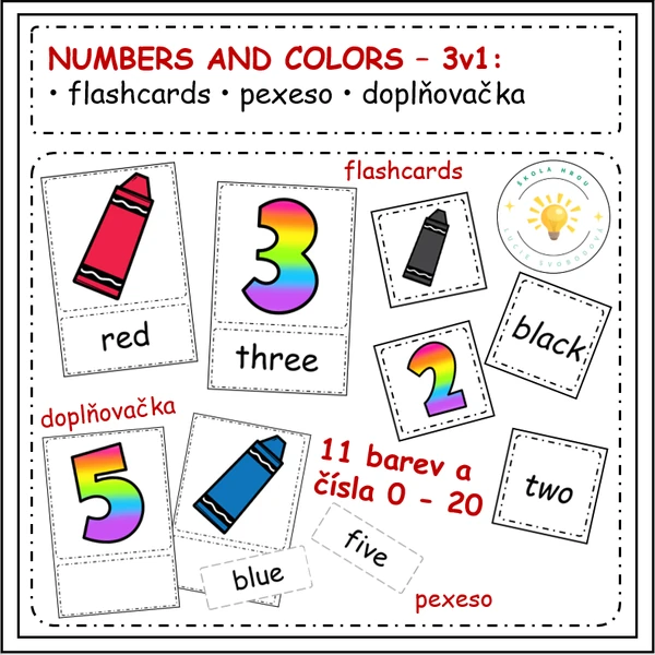 NUMBERS AND COLORS – 3v1: flashcards, pexeso, doplňovačka