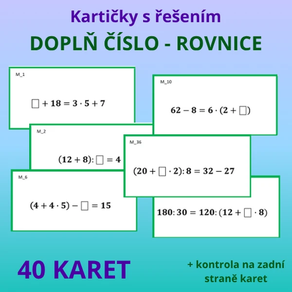 Kartičky s řešením – doplň číslo tak, aby platila rovnost (rovnice)