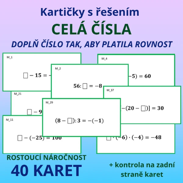 Kartičky s řešením – CELÁ ČÍSLA (záporná) – doplň číslo tak, aby platila rovnost 