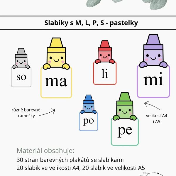 Slabiky s M, L, P, S - pastelky