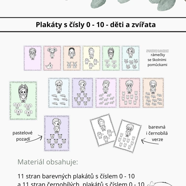Pastelové plakáty s čísly 0-10 - děti