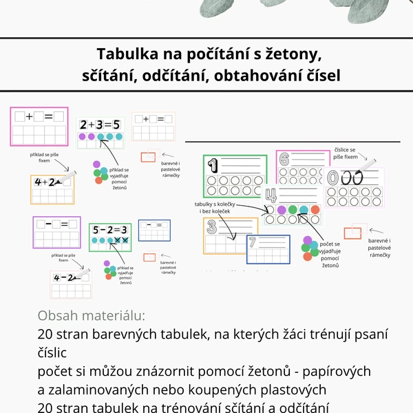 Tabulka na počítání s žetony, sčítání, odčítání, obtahování čísel