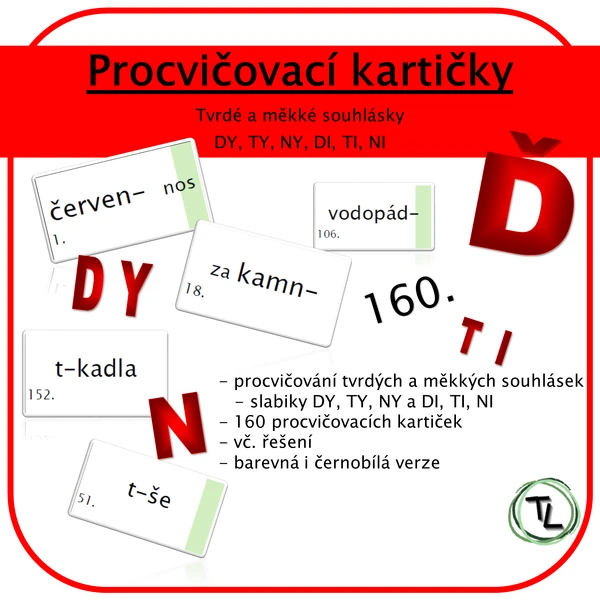 Procvičovací kartičky - Tvrdé a měkké souhlásky - dy, ty, ny a di, ti, ni