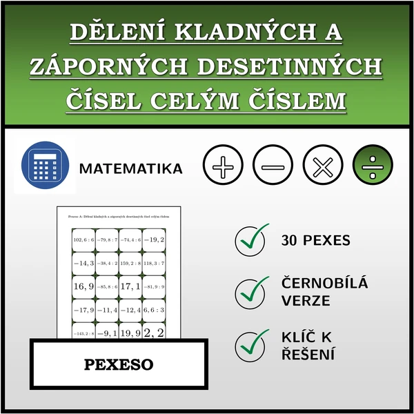 Pexeso - Dělení kladných a záporných desetinných čísel celým číslem | matematika