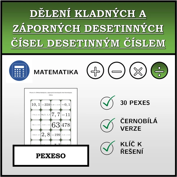 Pexeso - Dělení kladných a záporných desetinných čísel desetinným číslem | matematika