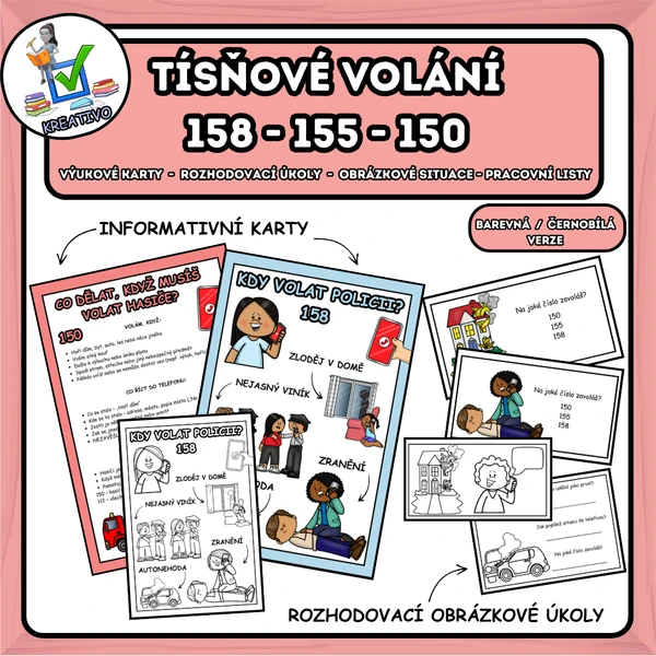 Tísňové volání 158 - 155 - 150 - výukové karty + rozhodovací obrázkové situace