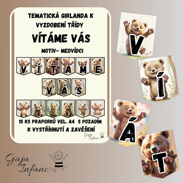 🌸✨ Girlanda Vítáme Vás – Přivítejte děti s kouzelnou výzdobou- vzor Medvídci