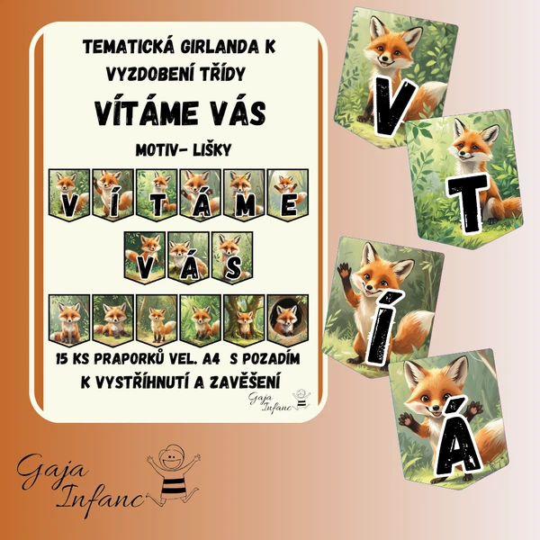 🌸✨ Girlanda Vítáme Vás – Přivítejte děti s kouzelnou výzdobou- vzor Lištičky