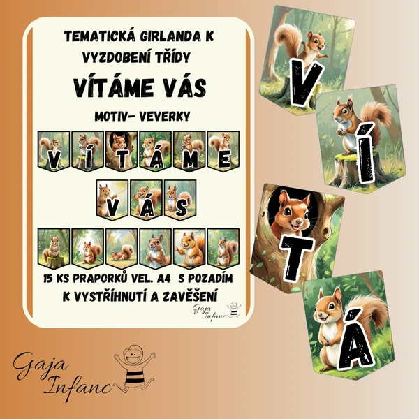 🌸✨ Girlanda Vítáme Vás – Přivítejte děti s kouzelnou výzdobou- vzor Veverky