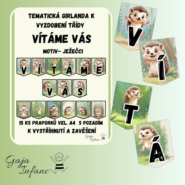 🌸✨ Girlanda Vítáme Vás – Přivítejte děti s kouzelnou výzdobou- vzor Ježečci