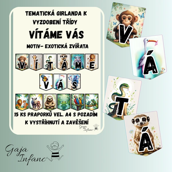 🌸✨ Girlanda Vítáme Vás – Přivítejte děti s kouzelnou výzdobou- vzor Exotických safari zvířátek! 🧚‍♂️🌿