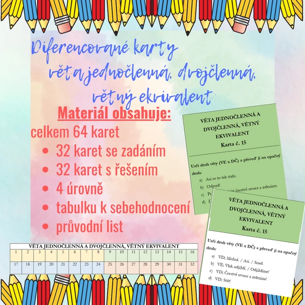 Diferencované karty - Věta jednočlenná, dvojčlenná, větný ekvivalent