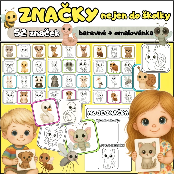  Originální sada značek pro děti - ZVÍŘÁTKA + omalovánky