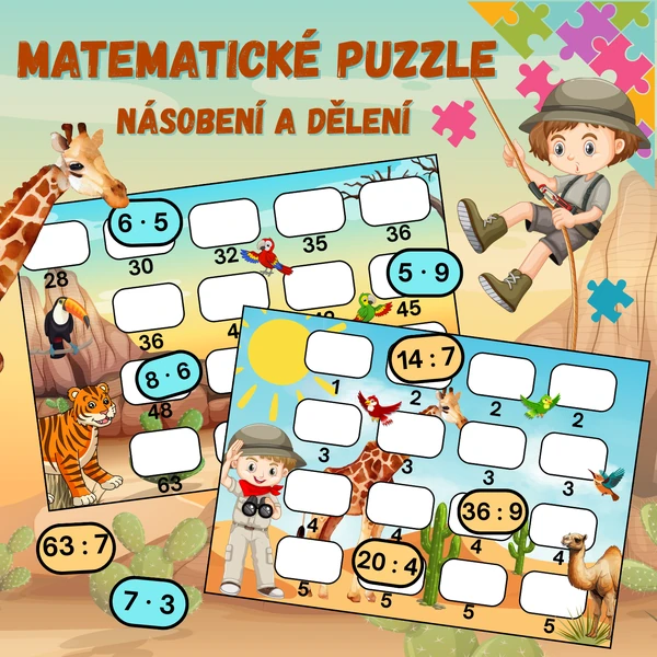 Matematické puzzle - násobení a dělení, safari
