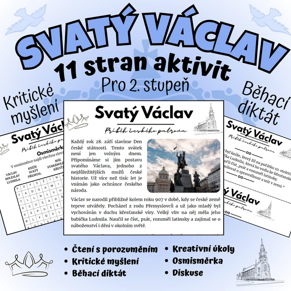 🛡️Den české státnosti (Svatý Václav) – pracovní listy, běhací diktát, kritické myšlení ✍️