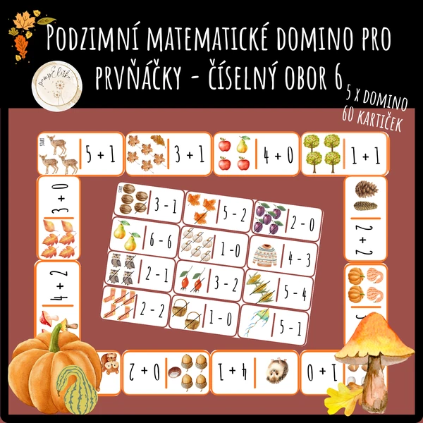 Podzimní matematické domino pro prvňáčky - číselný obor 6