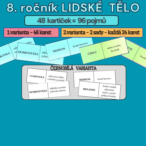 Domino - opakování 8. ročníku - LIDSKÉ TĚLO- barevná i černobílá verze
