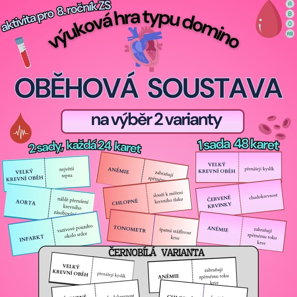 DOMINO - opakování oběhové soustavy, barevná i černobílá verze