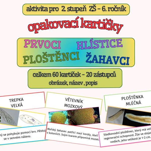 opakovací KARTIČKY - PRVOCI, ŽAHAVCI, PLOŠTĚNCI, HLÍSTICE