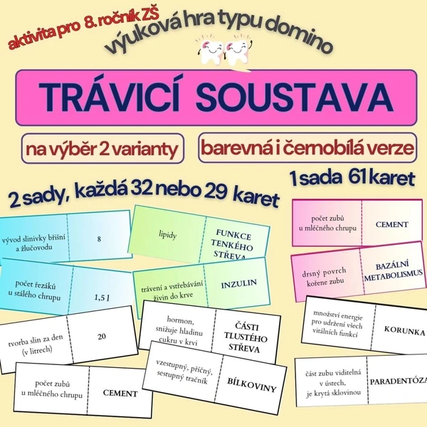 výuková hra typu domino - TRÁVICÍ SOUSTAVA - barevná i černobílá verze